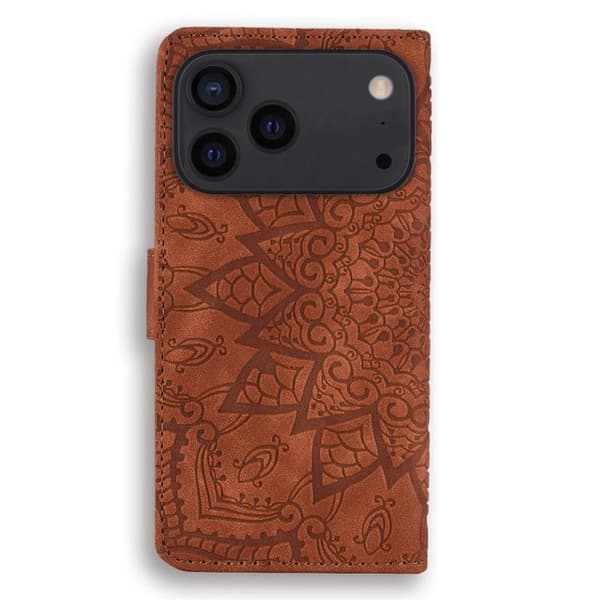 iPhone 17 Pro Skal läderfodral med mandala präglad design - dubbelvik Brun