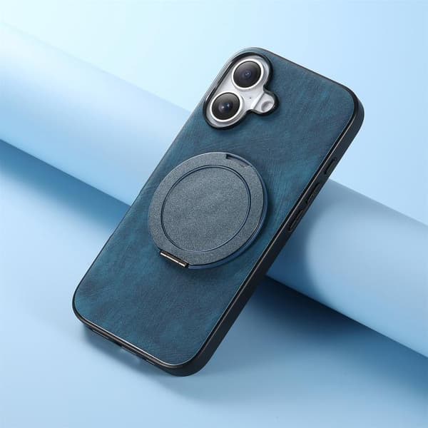 iPhone 17 Retro Läder Rotations Rund Skal Blå