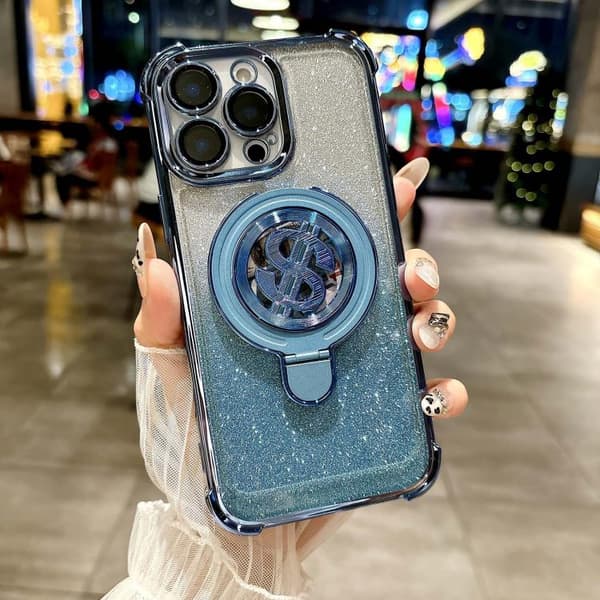 iPhone 16 Pro Max Skal med Space Gradient Glitter MagSafe Hållare och Linsskydd Blå