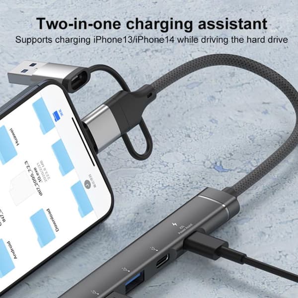 5-in-1 USB / Type-C / 8 Pin Hub Adapter - Aluminium Docking Station with Dual USB & Type-C Outputs (Grey)