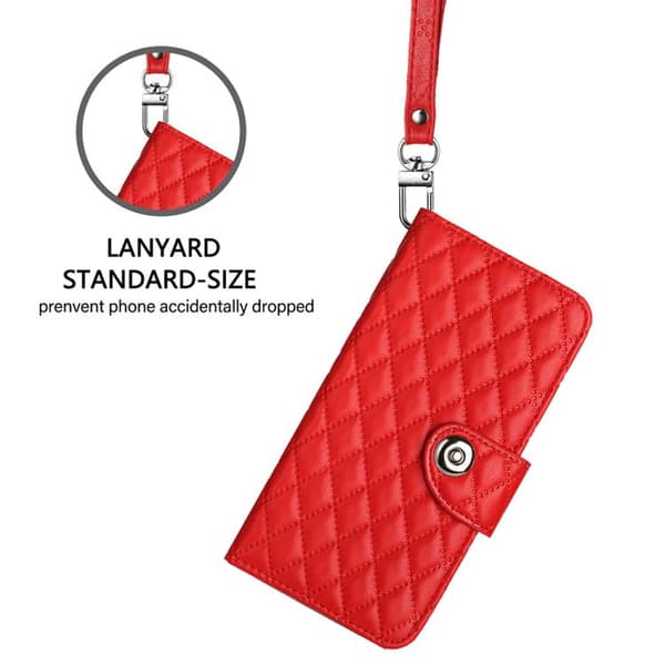 iPhone 18 Pro Max / iPhone 17 Pro Max Skal läderfodral med rhombisk textur och lanyard Röd