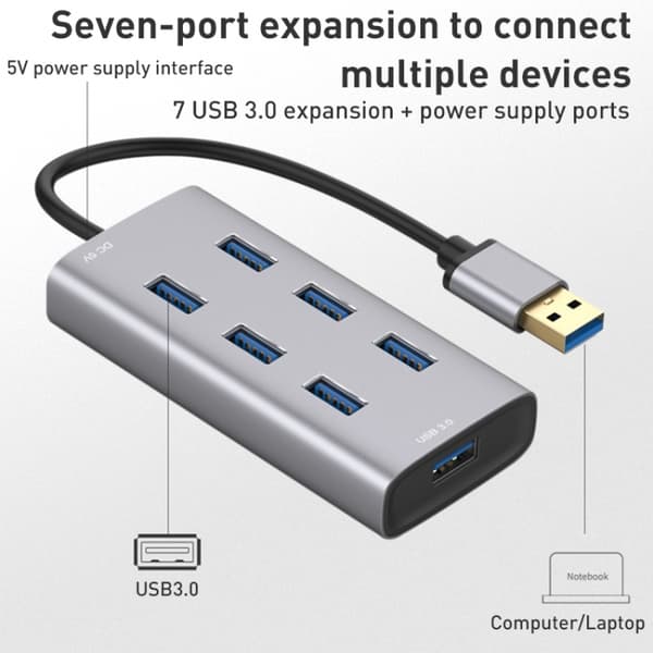 8108 7-Port USB 3.0 Hub - Silver Gray, 80cm Cable, Hot Swap, Easy Installation