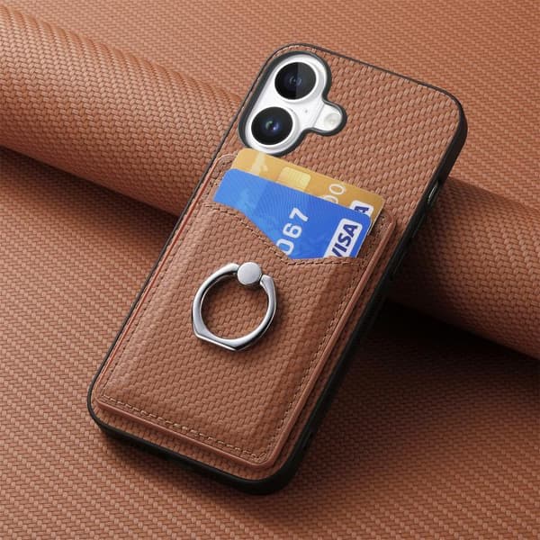 iPhone 17 Skal - Kolfiber med Kortficka och Ring Brun