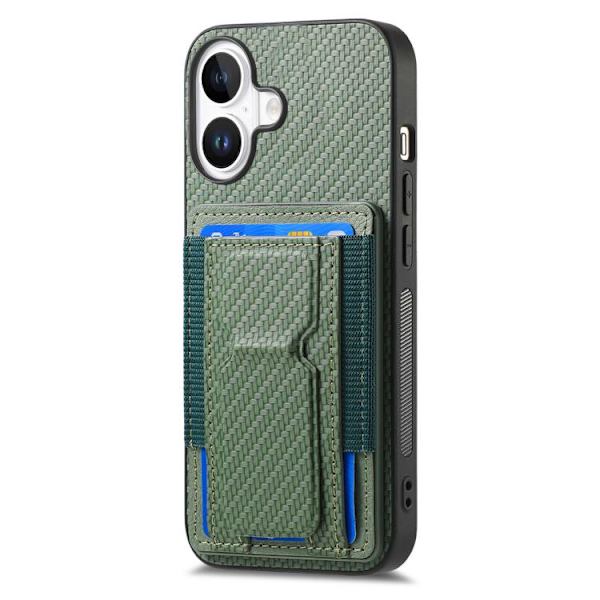 iPhone 17 Skal - Kolfiber med Fällbart Ställ och Elastisk Kortficka Grön