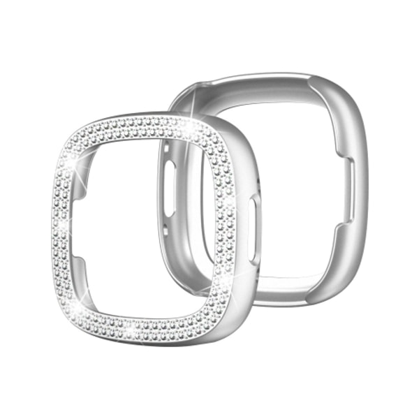 För Fitbit Versa 4 / Sense 2 Double-Row Diamond galvanisering PC Watch Case Silver