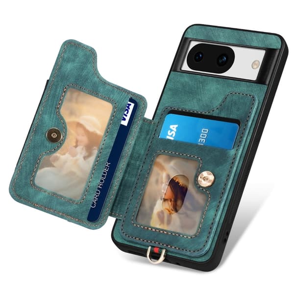 för Pixel 8a Skal med Retro Skin-feel och Ring, Multi-kort RFID Plånboksfodral Grön