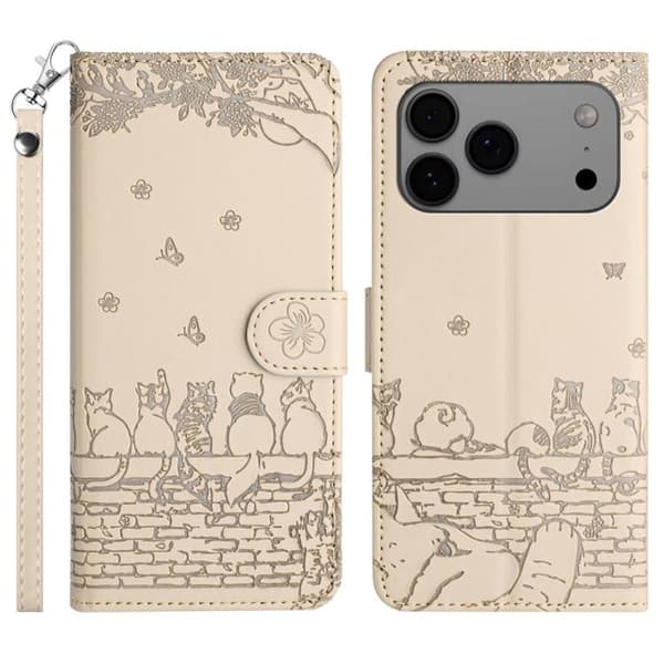 iPhone 18 Pro Max / iPhone 17 Pro Max Skal läderfodral med kattprägling och rem Beige