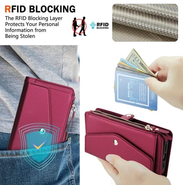 iPhone 16 Pro Max Multifunktionell Wallet Avtagbart Läder Skal med Lanyard Röd