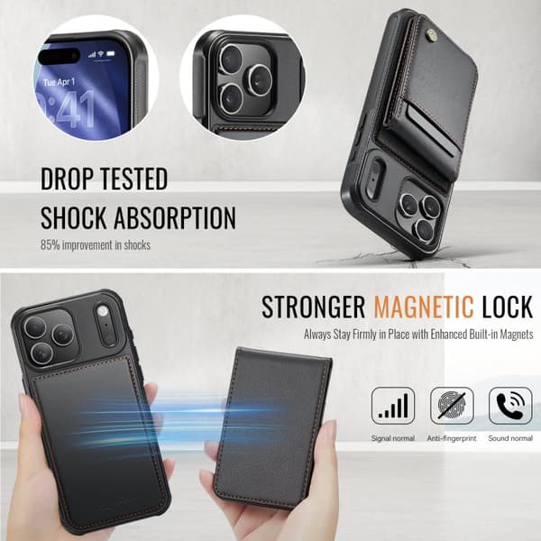 iPhone 18 Pro Max / iPhone 17 Pro Max Skal JEEHOOD Britisk Stil RFID MagSafe Kortväska PU Svart