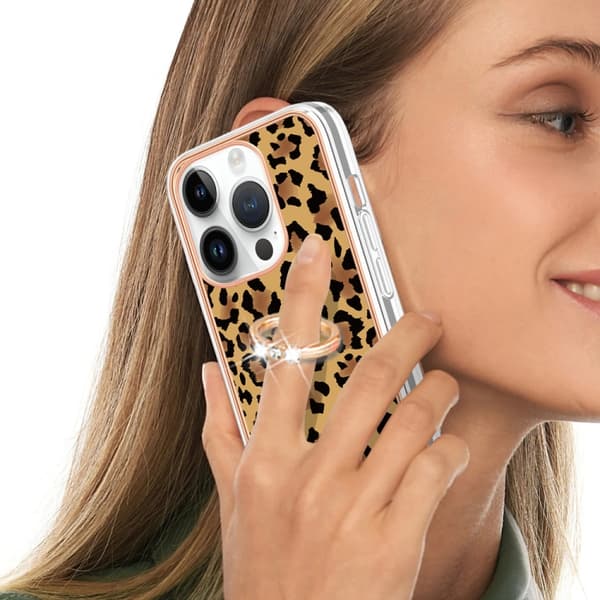 iPhone 16 Pro Max Skal med Elektroplätering och Dubbel-Sidig IMD Design samt Ringhållare Leopardmönster