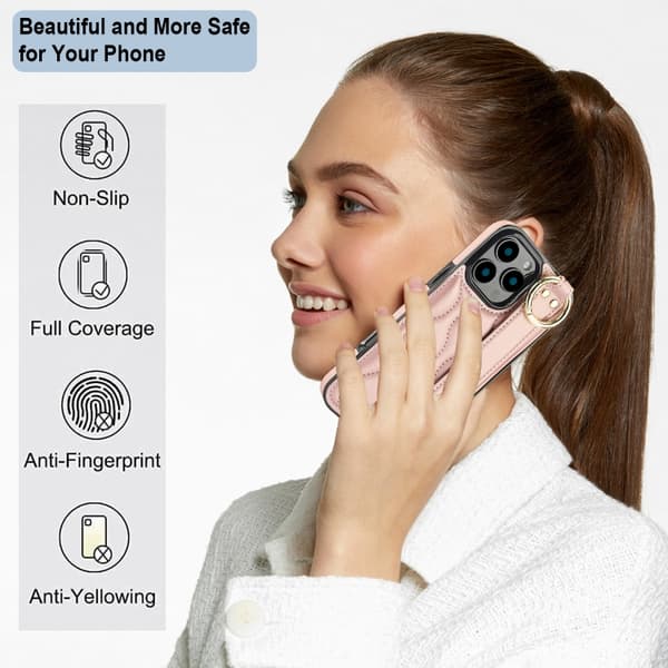 iPhone 16 Pro Skal med Handledsrem - Non-slip Full Coverage PU Skydd Roséguld