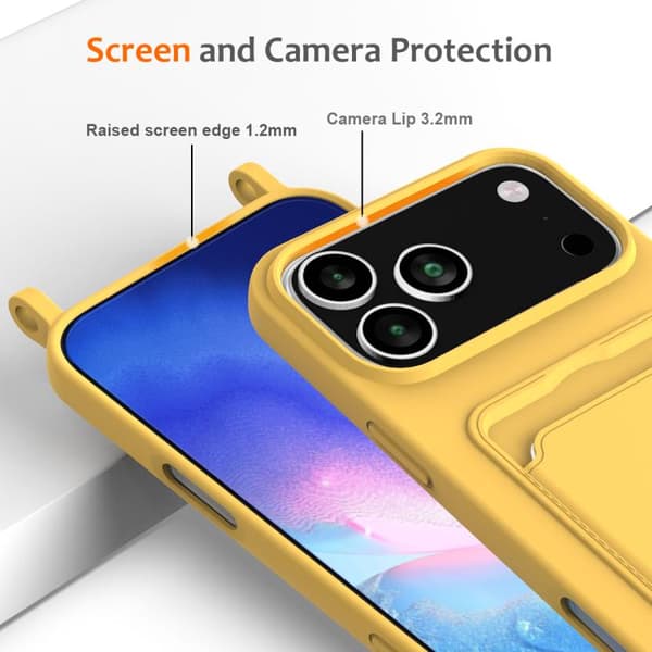 iPhone 18 Pro Max / iPhone 17 Pro Max Skal med Integrerad Kortväska - Solid Färg av Flytande Silikon med Lanyard Gul