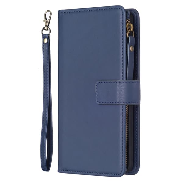 iPhone 16 Pro Max Fodral - 9 Kortfack Zipper Skal Läder Blå