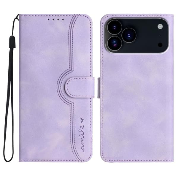 iPhone 18 Pro / iPhone 17 Pro Skal läderfodral med hjärtformat mönster Purpur