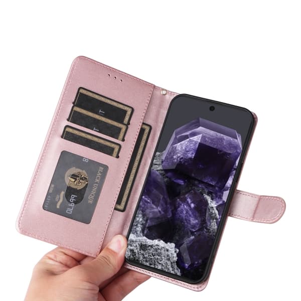 för Pixel 9 Pro Skal i Diamantmönstrad Läder Flip Design Roséguld