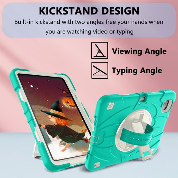 iPad Pro 11 2024 Bat Hand Grip Turntable Skal - Läderfodral Mintgrön Vit