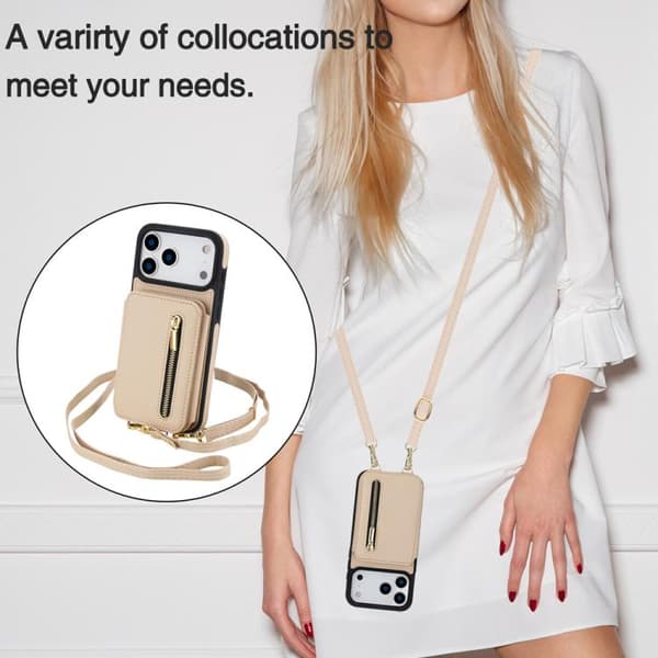 iPhone 18 Pro Max / iPhone 17 Pro Max Skal med Zipper och Dubbel Lanyard Aprikos