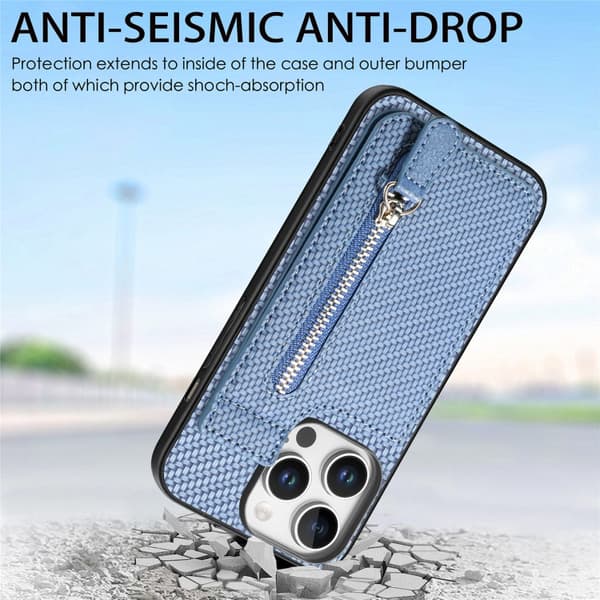 iPhone 16 Pro Max Kolfiber Vertikal Flip Zipper Skal Blå