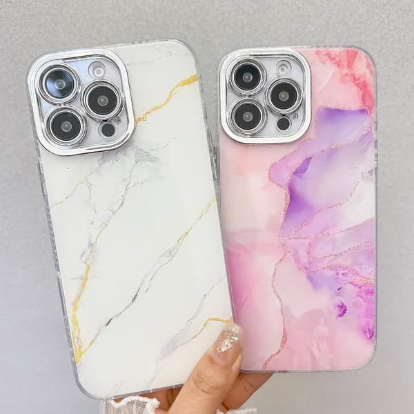 iPhone 16 Pro Max Electroplaterad Marmor Textur Skal Rosa Lila M4