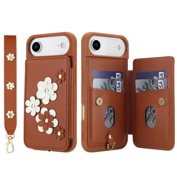 iPhone 17 Air Skal läderfodral med blommönster Brun