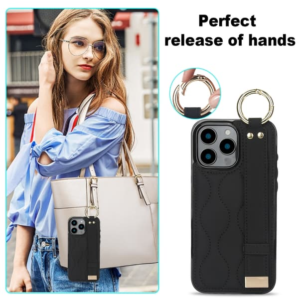 iPhone 16 Pro Max Skal med Handledsrem - Non-slip Full Coverage PU Skydd Svart