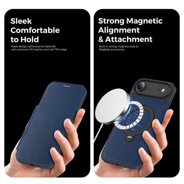iPhone 17 Skal läderfodral med Knight Shield 360 Rotationshållare MagSafe RFID Blå