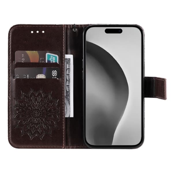 iPhone 16 Pro Max Skal med Präglad Solrosmönster - Elegant Läderfodral Brun