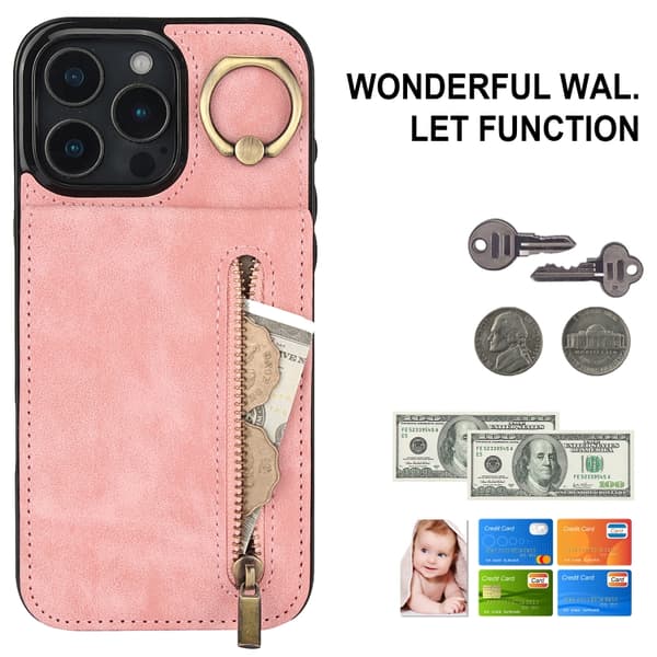 iPhone 16 Pro Retro Ring och Zipper RFID Kortfack Skal Rosa