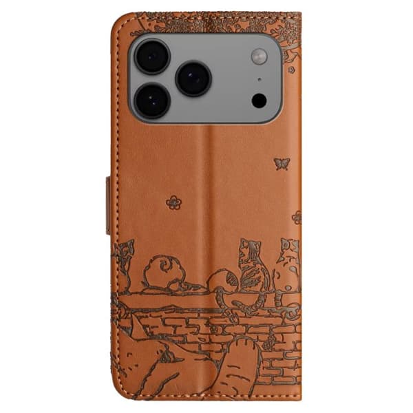 iPhone 18 Pro Max / iPhone 17 Pro Max Skal läderfodral med kattprägling och rem Brun