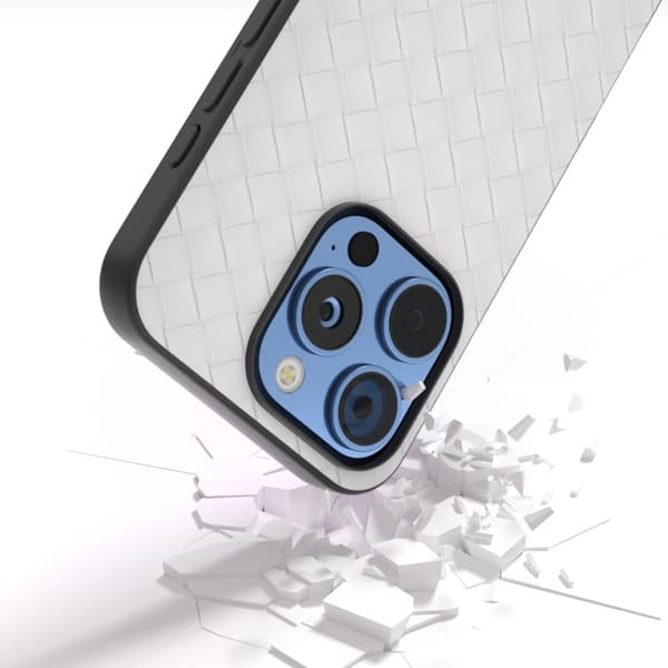 iPhone 16 Pro Max Skal med Svart Ram och Vävstruktur PU Vit
