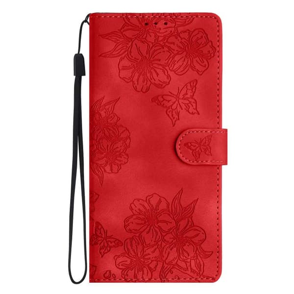 iPhone 18 Pro Max / iPhone 17 Pro Max Skal med Embossed PU och Körsbärsblomma Fjärilsmönster Röd