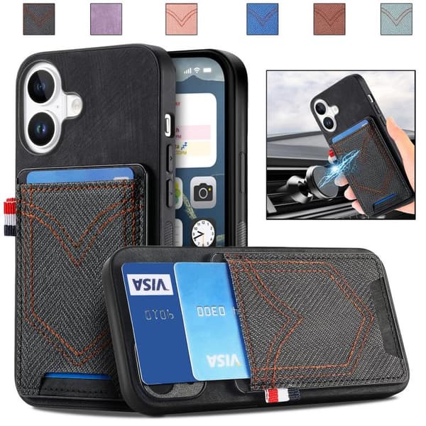 iPhone 17 Skal - Denim Textur med Kortfack Svart