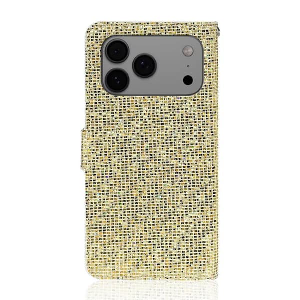 iPhone 17 Pro Max Skal Läderfodral med Glitterpulver Guld