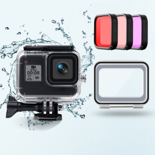 45m Vattentätt Fodral + Touch Bakskydd + Lila Röd Rosa Ljusfilter för GoPro HERO8 Black