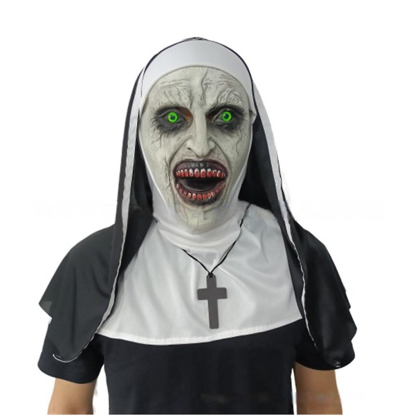 Läskig nunna Halloween-fest Latexmask med huvudduk Skrämmande helkroppshjälm Huvudbonader för Devil Cosplay Carnival Kostymrekvisita