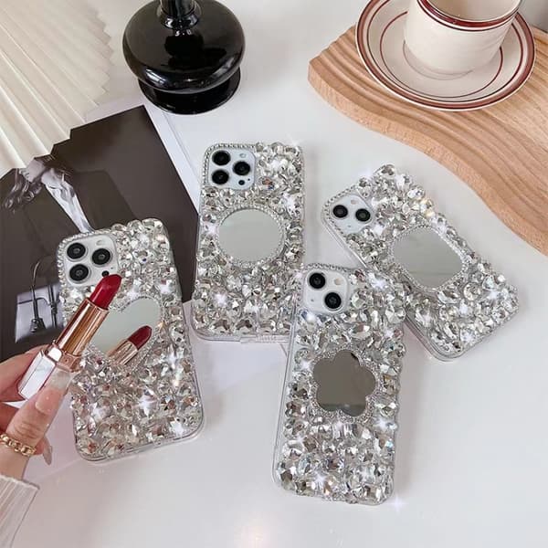 iPhone 16 Pro Max Skal - Handgjord Bling Rhinestone PC Telefonfodral Silvergrå blomma