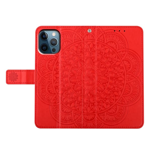iPhone 16 Pro Blomsterpräglat Läderfodral - Elegant Skal för iPhone 16 Pro Röd