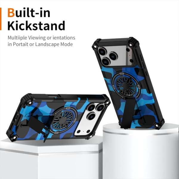 iPhone 18 Pro Max / iPhone 17 Pro Max Camouflage Kickstand Rotating Shaft MagSafe Skal Blå kamouflage