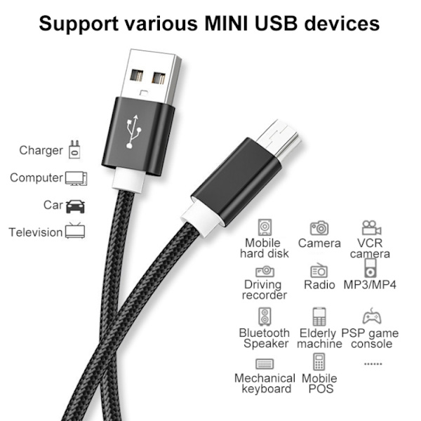 5 st Mini USB till USB A vävd data-/laddningskabel för MP3, kamera, bil DVR, längd: 1 m Guld
