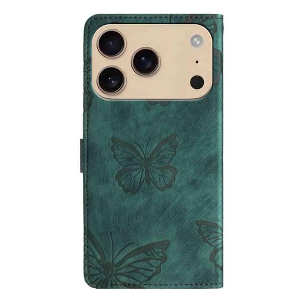 iPhone 18 Pro Max / iPhone 17 Pro Max Skal läderfodral med präglad fjärilsmönster Grön