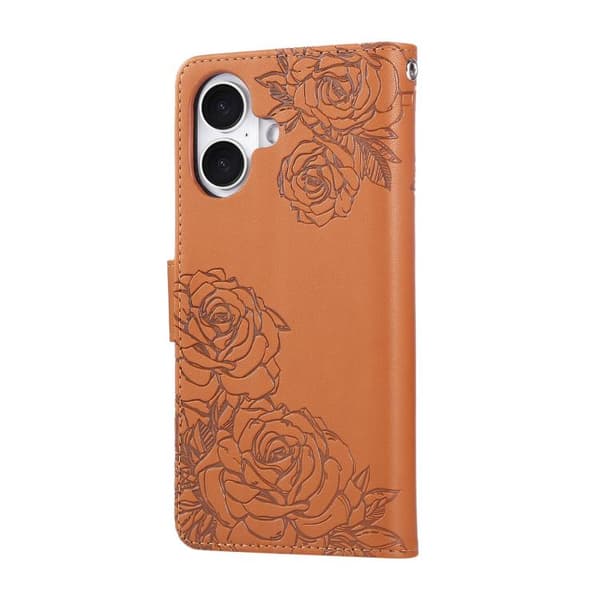 iPhone 17 Skal läderfodral med rosblomma och 3 kortfack Brun