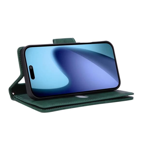iPhone 18 Pro Max / iPhone 17 Pro Max Skal läderfodral med Rivet Spänne för 9 Kort och Tredelad Design Grön