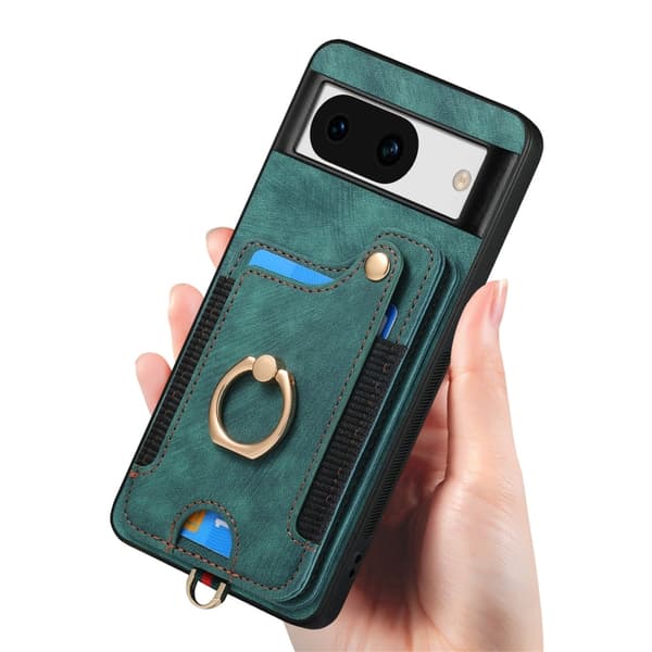 för Pixel 8a Skal med Retro Skin-feel och Ring, Multi-kort RFID Plånboksfodral Grön