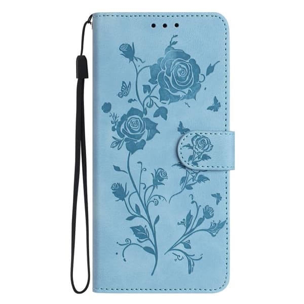 iPhone 18 Pro / iPhone 17 Pro Skal läderfodral med rosblomma präglat mönster Himmelsblå