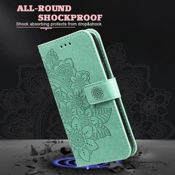 iPhone 18 Pro Max / iPhone 17 Pro Max Skal läderfodral med sju-petal blommor - relief Grön