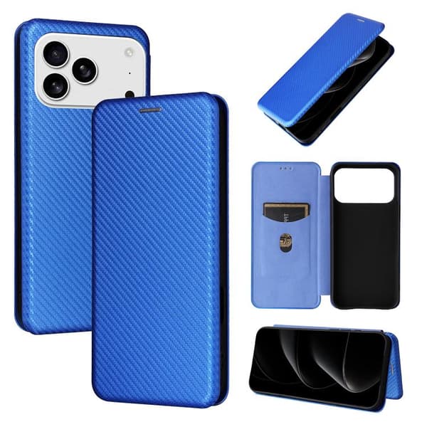 iPhone 18 Pro Max / iPhone 17 Pro Max Skal läderfodral med kolfibertextur Blå