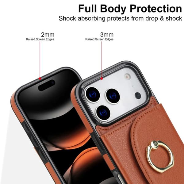 iPhone 18 Pro Max / iPhone 17 Pro Max Skal med Ringhållare och Kortficka, Skinnkänsla Brun