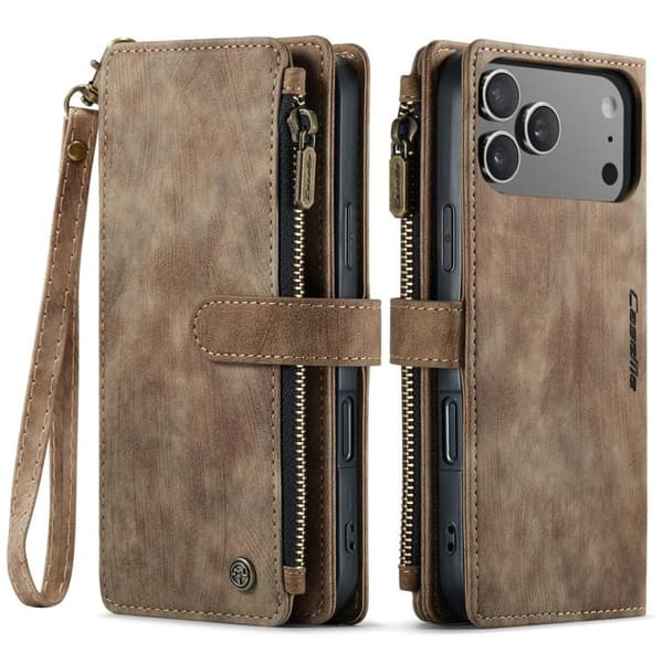 iPhone 18 Pro Max / iPhone 17 Pro Max Skal Läderfodral med Kortfack och Dragkedja Brun
