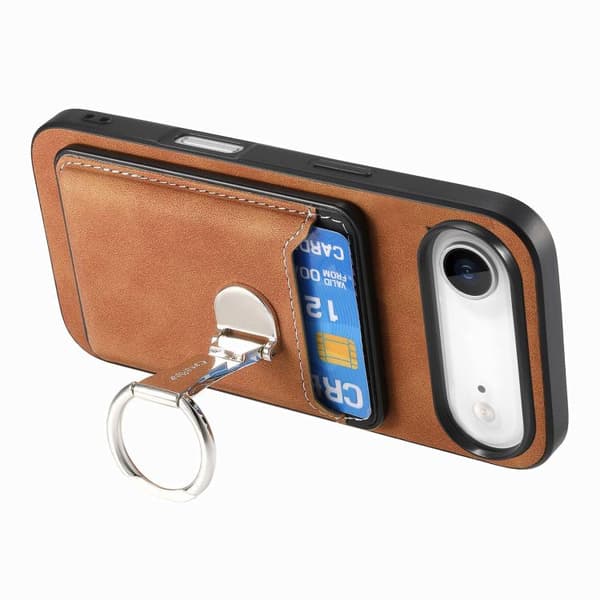 iPhone 17 Air Skal med Retro Fällbart Ringhållare och Kortfack MagSafe Brun