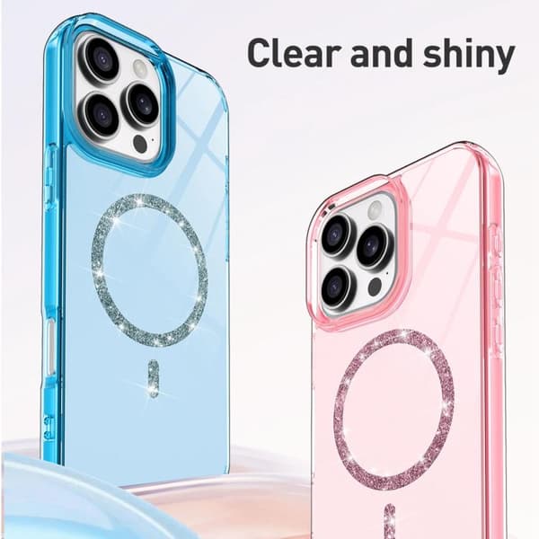iPhone 16 Pro Transparent MagSafe Glittrande Pulver Akryl Skal Blå